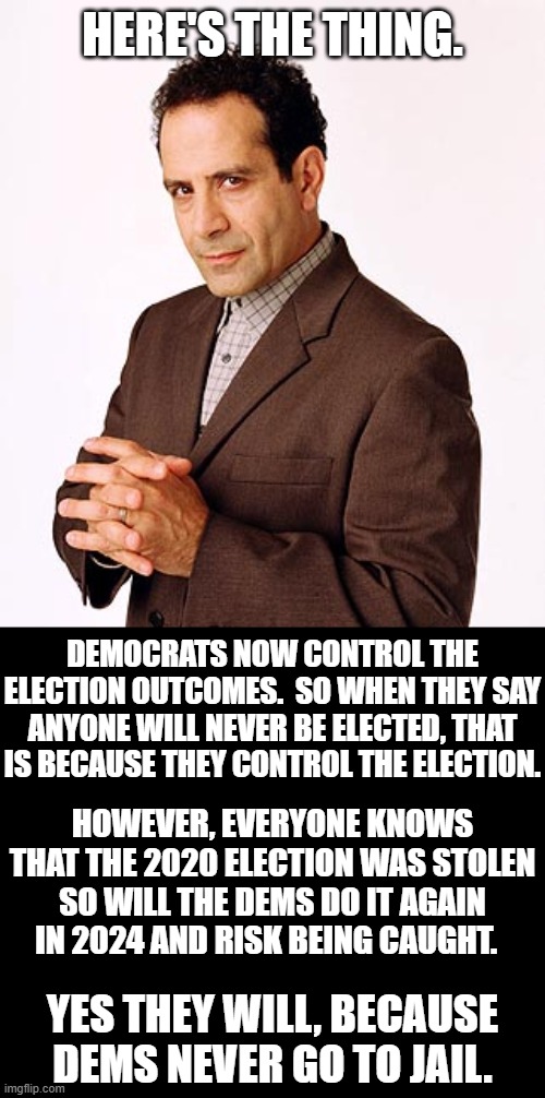 Adrian Monk Here's The Thing | HERE'S THE THING. YES THEY WILL, BECAUSE DEMS NEVER GO TO JAIL. DEMOCRATS NOW CONTROL THE ELECTION OUTCOMES.  SO WHEN THEY SAY ANYONE WILL N | image tagged in adrian monk here's the thing | made w/ Imgflip meme maker