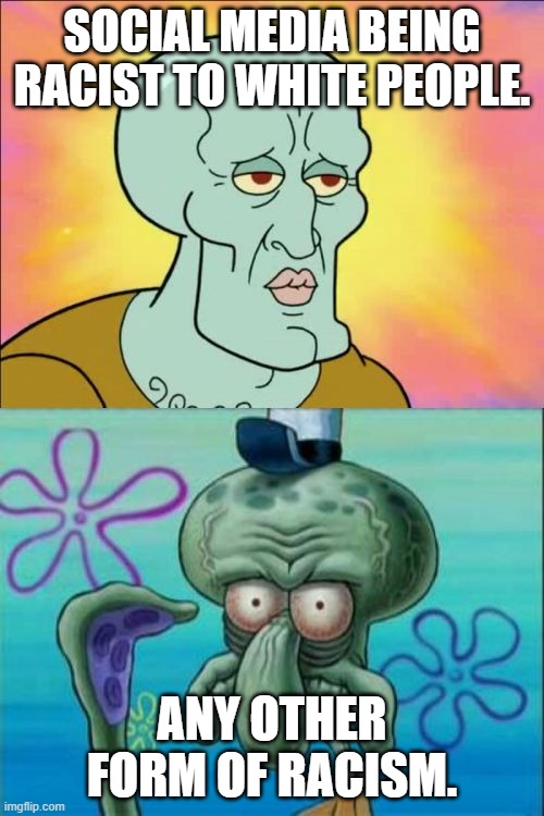 so its cool for racism against whites, and for no one but whites to suffer the consequences of racism. got it. | SOCIAL MEDIA BEING RACIST TO WHITE PEOPLE. ANY OTHER FORM OF RACISM. | image tagged in memes,squidward | made w/ Imgflip meme maker