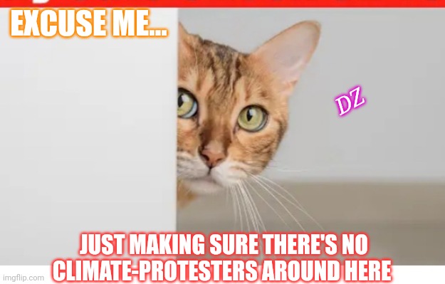 Kitty Always Checks First | EXCUSE ME... DZ; JUST MAKING SURE THERE'S NO CLIMATE-PROTESTERS AROUND HERE | image tagged in good,kitty,do you know the way | made w/ Imgflip meme maker