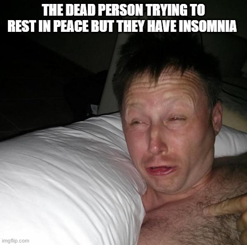 then are they resting in peace or awake in peace? | THE DEAD PERSON TRYING TO REST IN PEACE BUT THEY HAVE INSOMNIA | image tagged in limmy waking up,insomnia,rip,dead | made w/ Imgflip meme maker