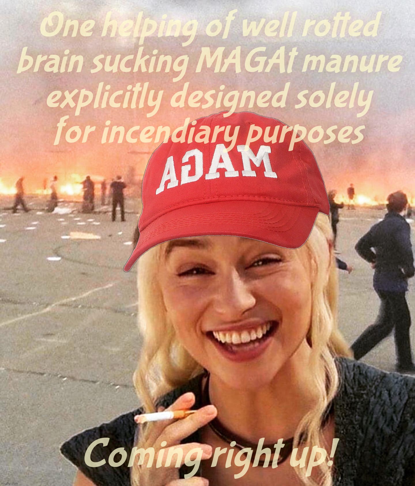 The fine fArt of mining for Reich Wing talking points | One helping of well rotted
brain sucking MAGAt manure
explicitly designed solely
for incendiary purposes Coming right up! | image tagged in disaster smoker girl,reich wing talking points,reich wing,maga,magats,farts are hot air too | made w/ Imgflip meme maker