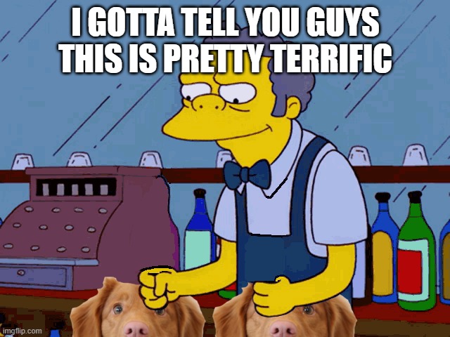 Guy with 2 dogs | I GOTTA TELL YOU GUYS THIS IS PRETTY TERRIFIC | image tagged in moe,the simpsons,dogs | made w/ Imgflip meme maker