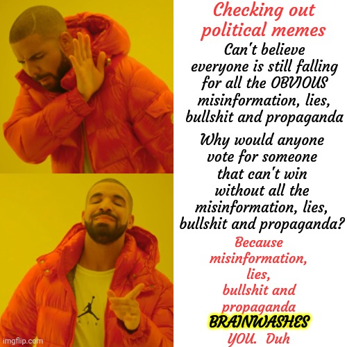 When You Are Willingly Brainwashed It's Called A Cult | Checking out political memes; Can't believe everyone is still falling for all the OBVIOUS misinformation, lies, bullshit and propaganda; Why would anyone vote for someone that can't win without all the misinformation, lies, bullshit and propaganda? Because misinformation, lies, bullshit and propaganda BRAINWASHES YOU.  Duh; BRAINWASHES | image tagged in memes,drake hotline bling,brainwashed,ignorance in abundance,wake up,maga | made w/ Imgflip meme maker