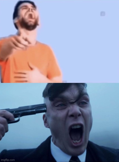 image tagged in laughing and pointing,thomas shelby holds a gun to his head | made w/ Imgflip meme maker