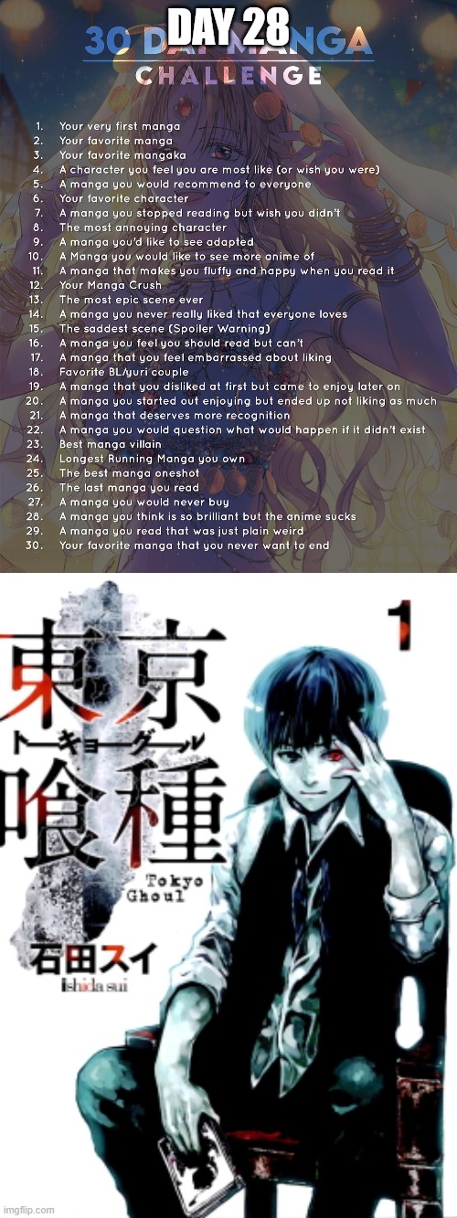 Day 28: Tokyo Ghoul by Sui Ishida-Sensei | DAY 28 | image tagged in 30 day manga challenge | made w/ Imgflip meme maker