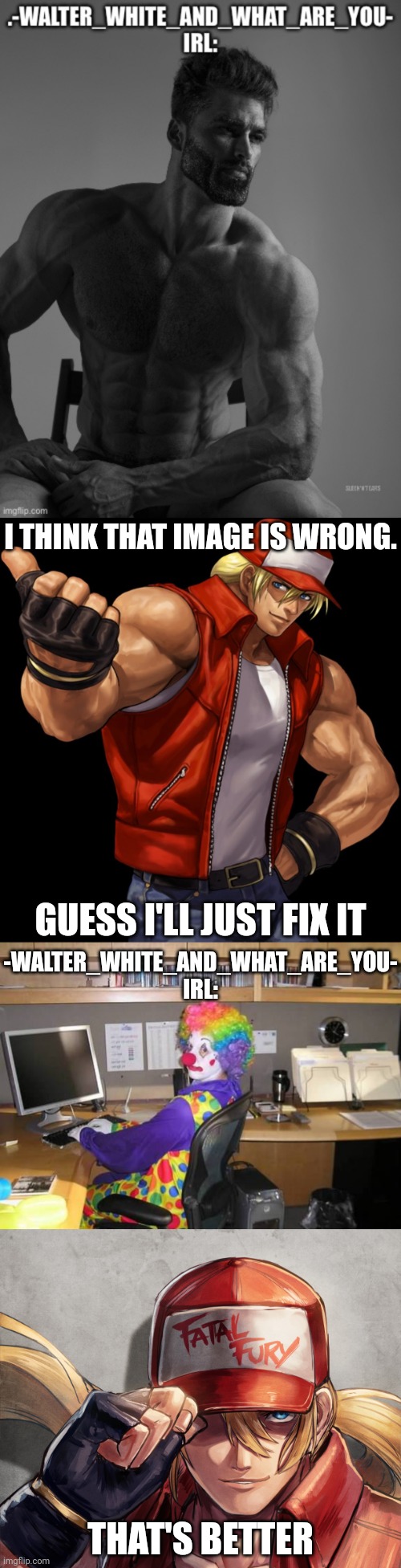 Terry Bogard does not like it | I THINK THAT IMAGE IS WRONG. GUESS I'LL JUST FIX IT; -WALTER_WHITE_AND_WHAT_ARE_YOU- IRL:; THAT'S BETTER | image tagged in clown computer | made w/ Imgflip meme maker