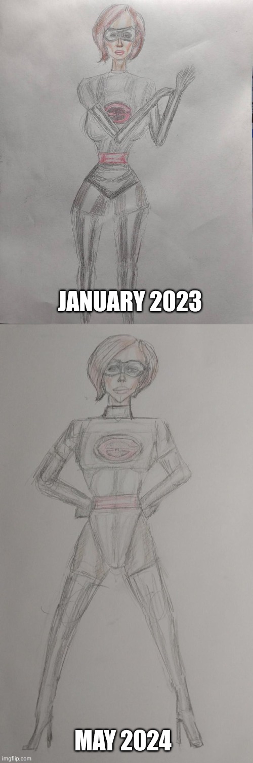 1 Year Art Improvement "Elastigirl" | JANUARY 2023; MAY 2024 | image tagged in drawings,color,superhero,coloredpencils,redraw,the incredibles | made w/ Imgflip meme maker