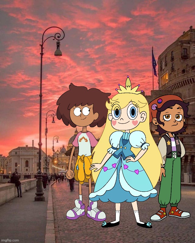 Star, Luz, and Anne a.k.a. New Disney Magical Trio in the sunset of Rome, Italy during Late Summer-Autumn holiday) | image tagged in star vs the forces of evil,the owl house,amphibia,rome,wholesome,cartoons | made w/ Imgflip meme maker
