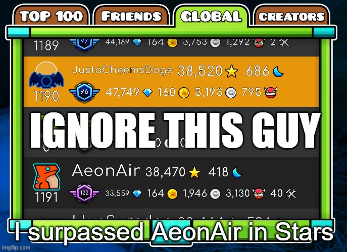 It's weird to surpass my GD Heroes with 3000 Demons in Stars | IGNORE THIS GUY; I surpassed AeonAir in Stars | image tagged in geometry dash,achievement | made w/ Imgflip meme maker