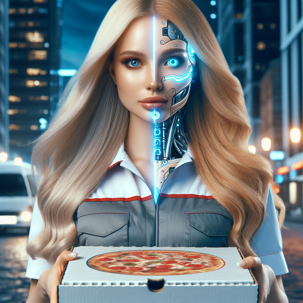 High Quality Cyberwoman Blonde hair, delivering a Pizza Blank Meme Template