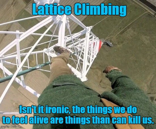 Adrenaline junkies | Lattice Climbing; Isn't it ironic, the things we do to feel alive are things than can kill us. | image tagged in gittersteigen,climbing,lattice climbing,tower,meme,freesolo | made w/ Imgflip meme maker