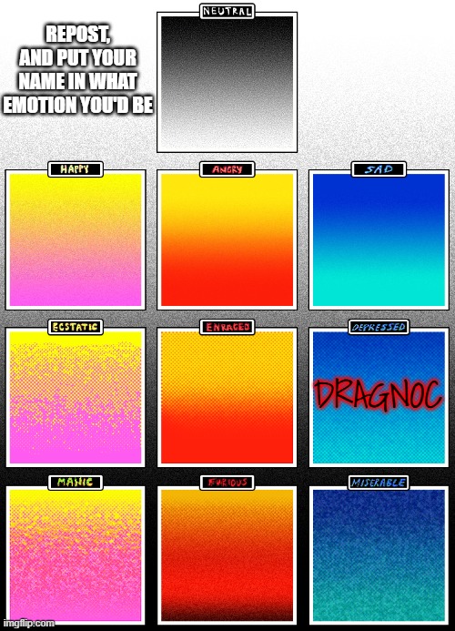 Omori Emotions Template | REPOST, AND PUT YOUR NAME IN WHAT EMOTION YOU'D BE; DRAGNOC | image tagged in omori emotions template | made w/ Imgflip meme maker