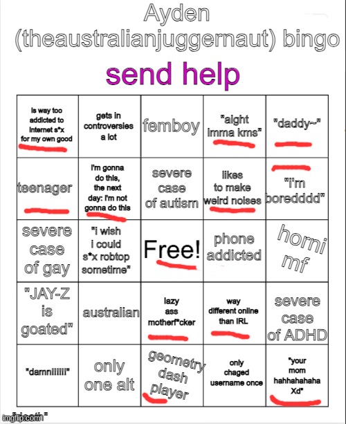 image tagged in ayden theaustralianjuggernaut bingo | made w/ Imgflip meme maker