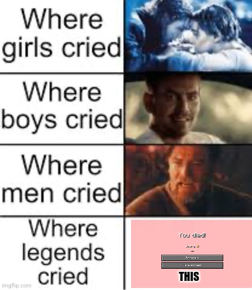 Minecraft ded screen is the worst | THIS | image tagged in where legends cried,minecraft,relatable,jpfan102504 | made w/ Imgflip meme maker