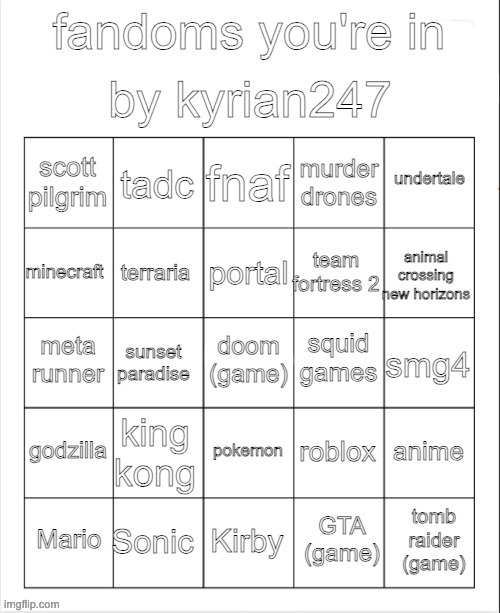 fandoms you're in bingo by Kyrian247 | image tagged in fandoms you're in bingo by kyrian247 | made w/ Imgflip meme maker