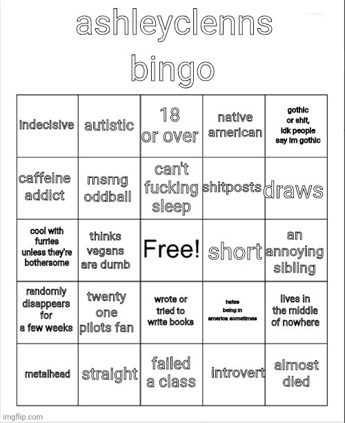 ashleyclenns bingo | image tagged in ashleyclenns bingo | made w/ Imgflip meme maker