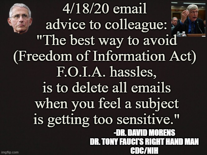 Dr. David Morens Testimony to Congress May 2024. Tony Fauci ? Francis Collins ? | 4/18/20 email 
advice to colleague:
"The best way to avoid
(Freedom of Information Act) 
F.O.I.A. hassles,
is to delete all emails
when you feel a subject
is getting too sensitive."; -DR. DAVID MORENS
DR. TONY FAUCI'S RIGHT HAND MAN
CDC/NIH | image tagged in cdc,nihilism,dr fauci,lockdown,pandemic,wear a mask | made w/ Imgflip meme maker
