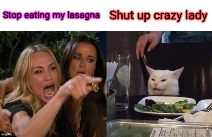 Eating | Stop eating my lasagna; Shut up crazy lady | image tagged in memes,woman yelling at cat,funny memes | made w/ Imgflip meme maker