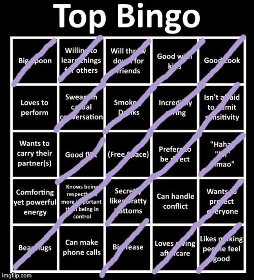 HMM... Btw the ones I didn't mark are kinda like maybe. | image tagged in top bingo | made w/ Imgflip meme maker