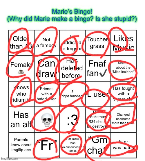 The Marie Bingo! | image tagged in the marie bingo | made w/ Imgflip meme maker