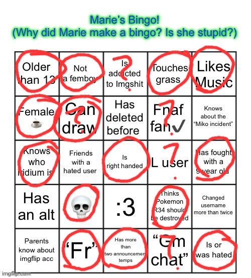 The Marie Bingo! | image tagged in the marie bingo | made w/ Imgflip meme maker