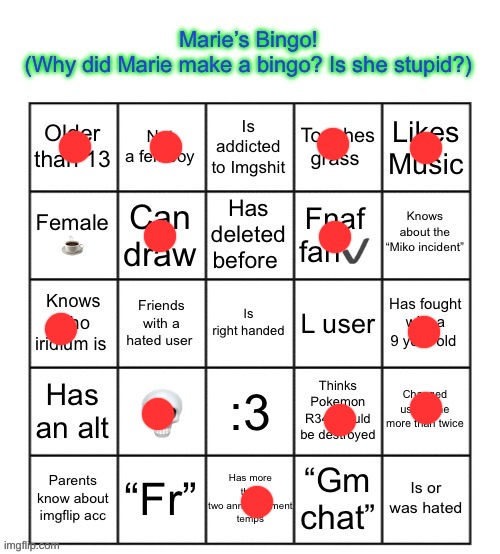 Remember the days before the iridium drama? | image tagged in the marie bingo | made w/ Imgflip meme maker