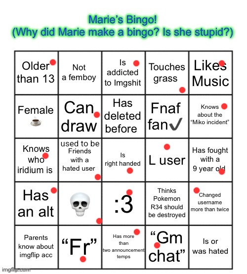 The Marie Bingo! | used to be | image tagged in the marie bingo | made w/ Imgflip meme maker