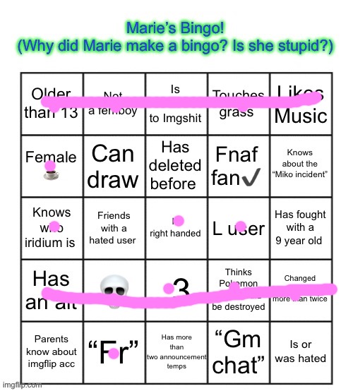 The Marie Bingo! | image tagged in the marie bingo | made w/ Imgflip meme maker