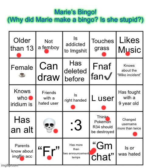 The Marie Bingo! | image tagged in the marie bingo | made w/ Imgflip meme maker