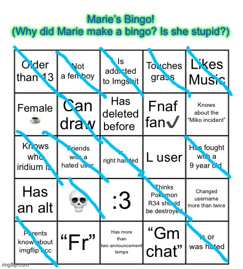 The Marie Bingo! | image tagged in the marie bingo | made w/ Imgflip meme maker