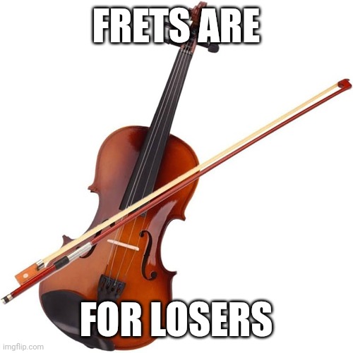 Frets are for losers | FRETS ARE; FOR LOSERS | image tagged in violin,guitar,band,music,instruments | made w/ Imgflip meme maker