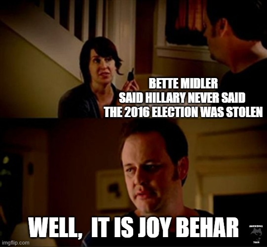 well he's a guy so... | BETTE MIDLER
SAID HILLARY NEVER SAID 
THE 2016 ELECTION WAS STOLEN WELL,  IT IS JOY BEHAR | image tagged in well he's a guy so | made w/ Imgflip meme maker