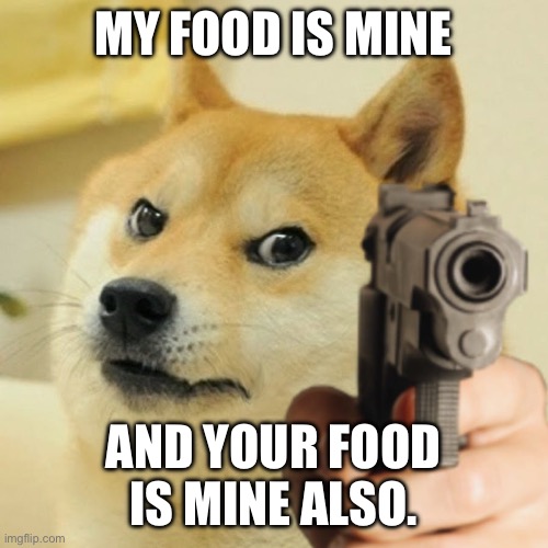 Doge holding a gun | MY FOOD IS MINE; AND YOUR FOOD IS MINE ALSO. | image tagged in doge holding a gun | made w/ Imgflip meme maker