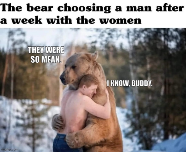 bear chose man | THEY WERE SO MEAN. I KNOW, BUDDY. | image tagged in bear chose man,chose the bear,pick the bear | made w/ Imgflip meme maker
