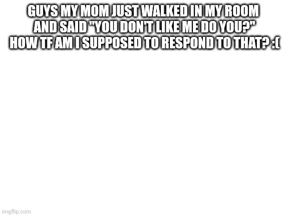 title | GUYS MY MOM JUST WALKED IN MY ROOM 
AND SAID "YOU DON'T LIKE ME DO YOU?"

HOW TF AM I SUPPOSED TO RESPOND TO THAT? :( | image tagged in blank white template | made w/ Imgflip meme maker