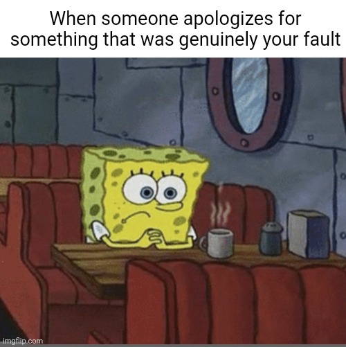 Anyone feel this way? | When someone apologizes for something that was genuinely your fault | image tagged in sad spongebob,apology,relatable,big chungus,bruh | made w/ Imgflip meme maker