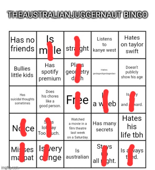 image tagged in theaustralianjuggernaut bingo | made w/ Imgflip meme maker