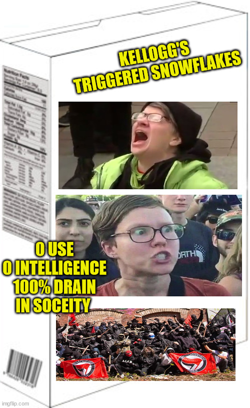 Triggerd Snowflakes | KELLOGG'S TRIGGERED SNOWFLAKES; 0 USE
0 INTELLIGENCE
100% DRAIN IN SOCEITY | image tagged in blank cereal box | made w/ Imgflip meme maker