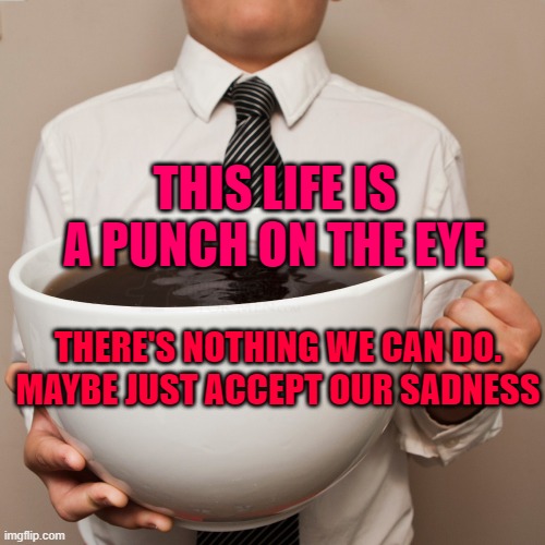 coffee cup | THIS LIFE IS A PUNCH ON THE EYE; THERE'S NOTHING WE CAN DO. MAYBE JUST ACCEPT OUR SADNESS | image tagged in coffee cup | made w/ Imgflip meme maker