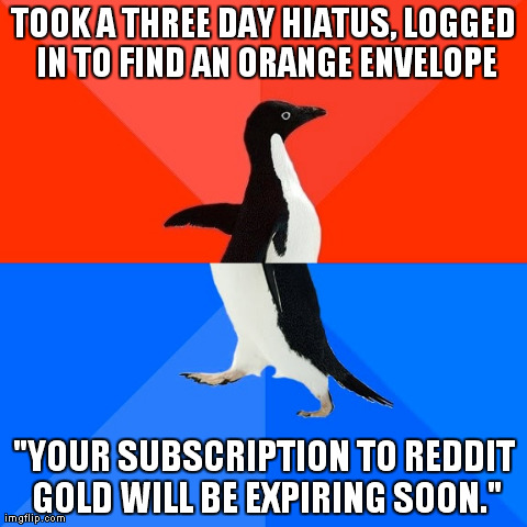 Socially Awesome Awkward Penguin Meme | TOOK A THREE DAY HIATUS, LOGGED IN TO FIND AN ORANGE ENVELOPE "YOUR SUBSCRIPTION TO REDDIT GOLD WILL BE EXPIRING SOON." | image tagged in memes,socially awesome awkward penguin,AdviceAnimals | made w/ Imgflip meme maker
