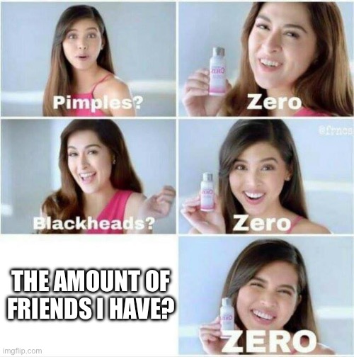 Pimples? Zero | THE AMOUNT OF FRIENDS I HAVE? | image tagged in pimples zero | made w/ Imgflip meme maker