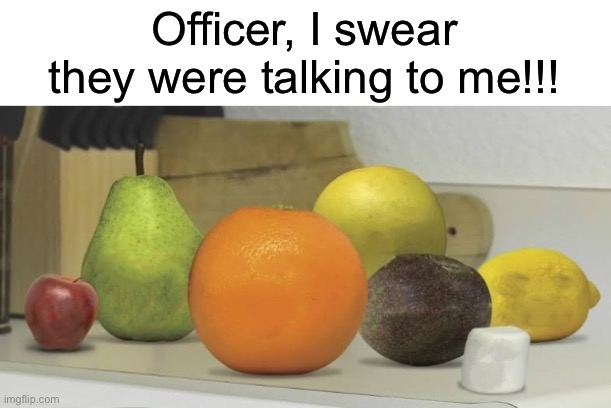 Officer, I swear they were talking to me (Recreation) | Officer, I swear they were talking to me!!! | image tagged in annoying orange | made w/ Imgflip meme maker
