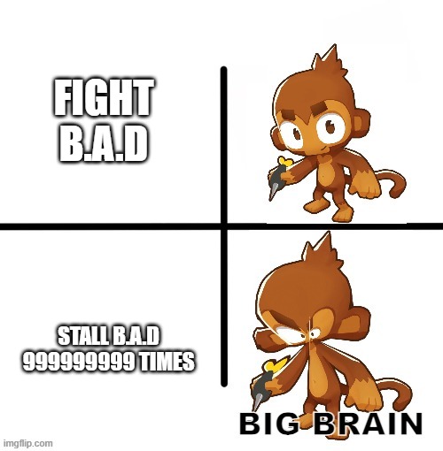 BIG BRAIN MONKE | FIGHT B.A.D; STALL B.A.D 999999999 TIMES | image tagged in big brain monke | made w/ Imgflip meme maker