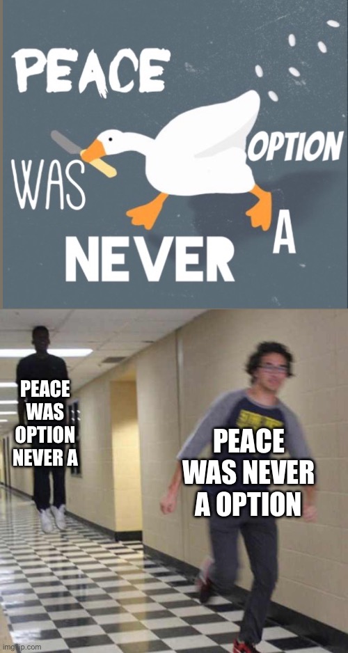 Uhm what | PEACE WAS OPTION NEVER A; PEACE WAS NEVER A OPTION | image tagged in floating boy chasing running boy | made w/ Imgflip meme maker