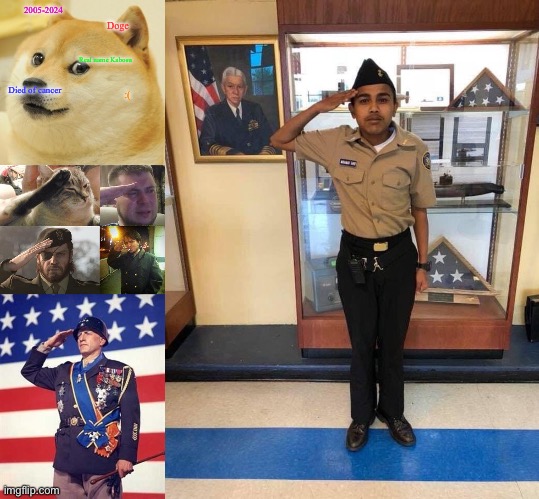2005-2024; Doge; Real name Kabosu; Died of cancer; :( | image tagged in memes,doge,ozon's salute,patton salutes you,young boy salute | made w/ Imgflip meme maker