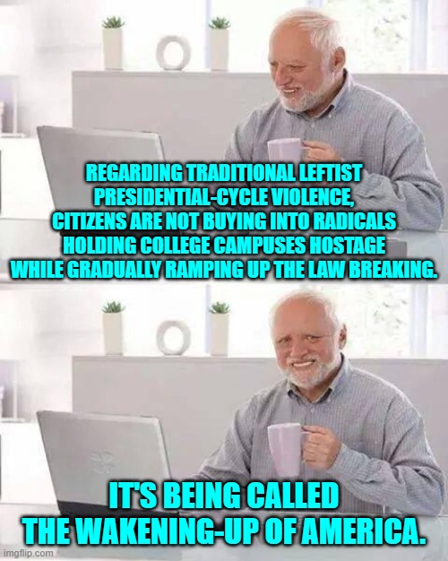 In other words, citizens are starting to just say 'no!' | REGARDING TRADITIONAL LEFTIST PRESIDENTIAL-CYCLE VIOLENCE, CITIZENS ARE NOT BUYING INTO RADICALS HOLDING COLLEGE CAMPUSES HOSTAGE WHILE GRADUALLY RAMPING UP THE LAW BREAKING. IT'S BEING CALLED THE WAKENING-UP OF AMERICA. | image tagged in hide the pain harold | made w/ Imgflip meme maker