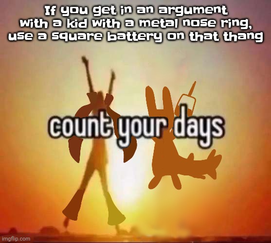 Count your days | If you get in an argument with a kid with a metal nose ring, use a square battery on that thang | image tagged in count your days | made w/ Imgflip meme maker