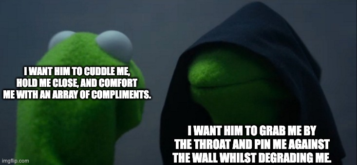 Romance Moment | I WANT HIM TO CUDDLE ME, HOLD ME CLOSE, AND COMFORT ME WITH AN ARRAY OF COMPLIMENTS. I WANT HIM TO GRAB ME BY THE THROAT AND PIN ME AGAINST THE WALL WHILST DEGRADING ME. | image tagged in memes,evil kermit,romance,degradation,love,funny | made w/ Imgflip meme maker