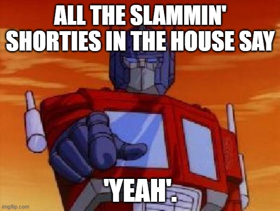 Anyone who saw the Letterman interview would understand. | ALL THE SLAMMIN' SHORTIES IN THE HOUSE SAY; 'YEAH'. | image tagged in optimus prime,short,transformers | made w/ Imgflip meme maker