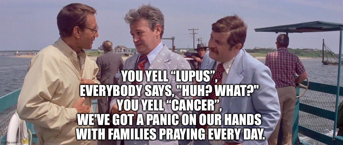 How It Feels Living With Lupus | YOU YELL “LUPUS”, 
EVERYBODY SAYS, "HUH? WHAT?" 
YOU YELL “CANCER”, 
WE'VE GOT A PANIC ON OUR HANDS 
WITH FAMILIES PRAYING EVERY DAY. | image tagged in jaws,shark,illness,sick,sickness | made w/ Imgflip meme maker